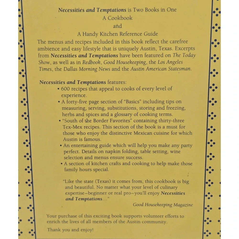 VTG‎ 1990 Necessities & Temptations The Junior League Of Austin TX Cookbook